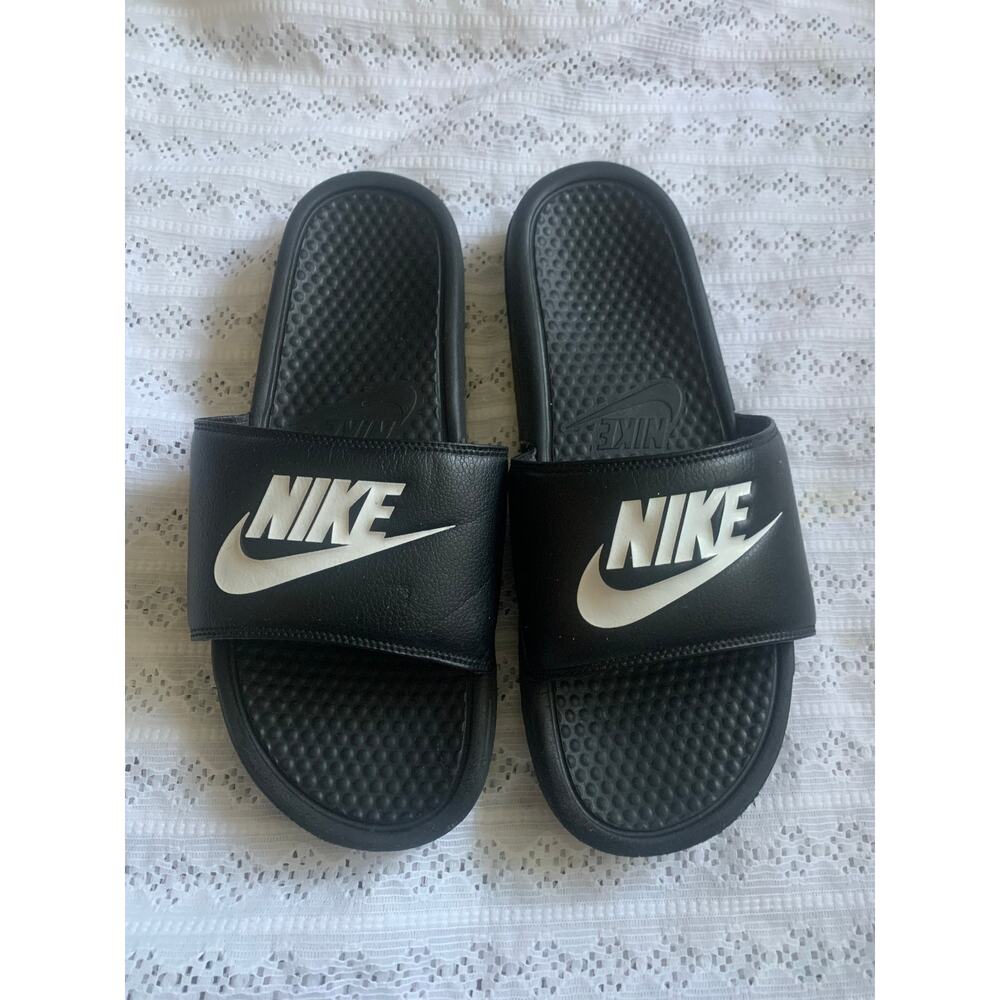 Nike Mens Size 13 Slide Sandals Black White Logo Comfort Casual Slides